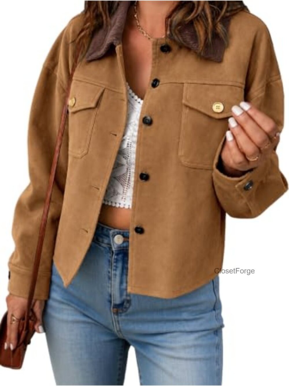 Women's Faux Suede Button Down Contrast Collar Shacket
